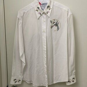 National Wildlife Federation White Blouse w/ Hummingbird & Flower Details